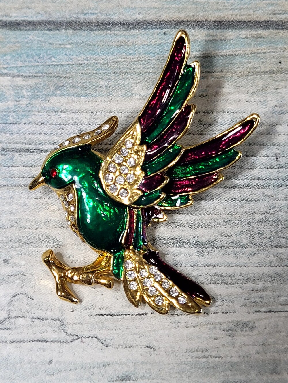 Green and Purple Enamel Bird Brooch with Rhinestones Accents